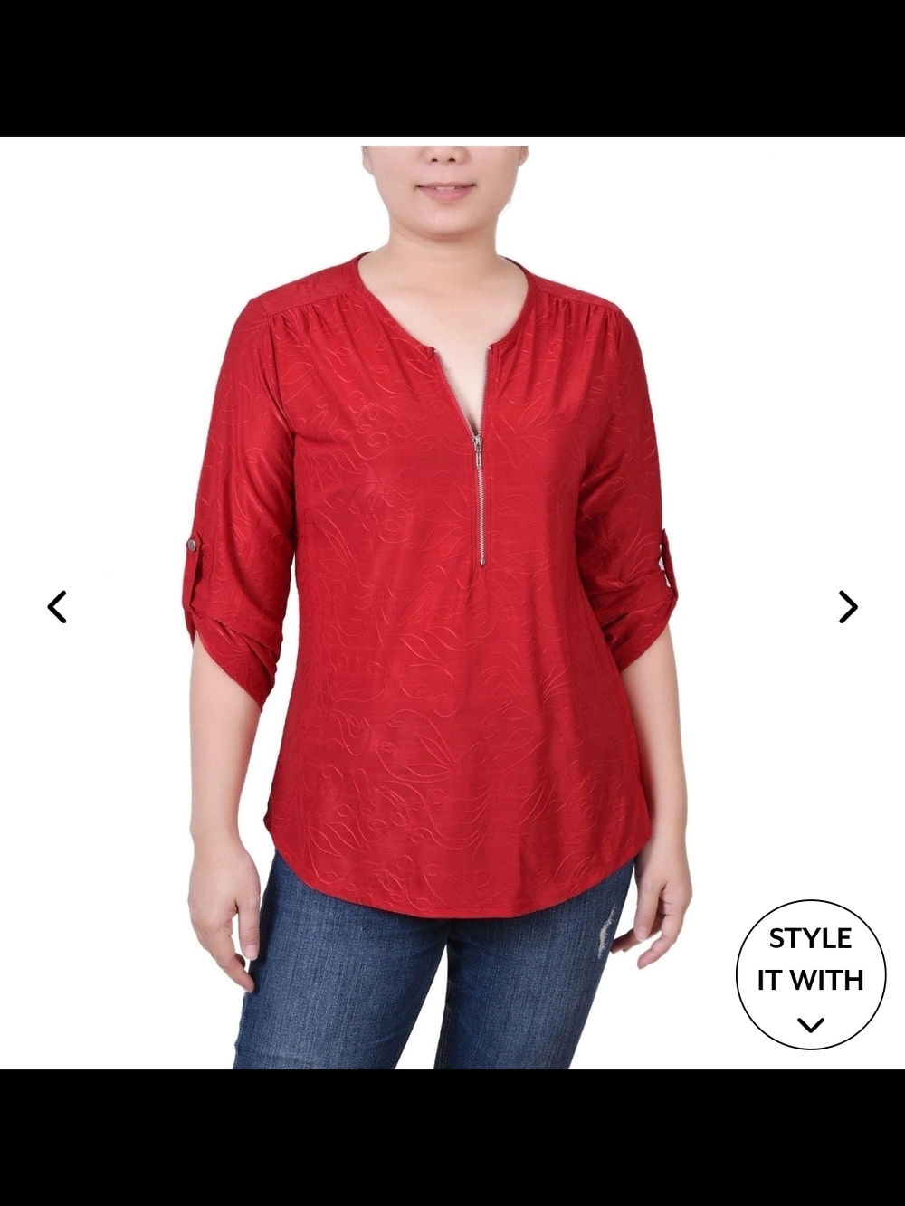 NY Collection Red Zip-Front 3/4 Sleeve Tunic Roll Tab Blouse Top Plus Size